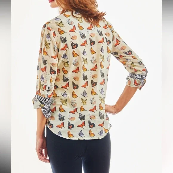 TIZZIE 100% COTTON 3/4 SLEEVE ROME SHIRT NEUTRAL BUTTERFLIES VOILE - Picture 13 of 14